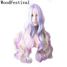 grey wig cosplay UK - WoodFestival Wavy Colored Wigs For Women Rainbow Synthetic Wig Female Cosplay Long Hair Pink Red Blue Purple Green Grey Brown220505
