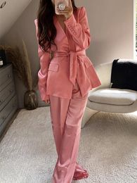 Women's Two Piece Pants Women Officewear Pink Slit Satin Saches Buttoned Full Sleeve Blazer Coat Straight Zipper Casual SetsWomen's Women'sW