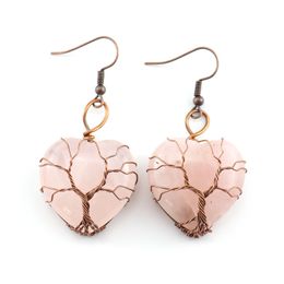 Retro Wire Wrap Natural Stone 30mm Heart tree of life Dangle Earrings Reiki Healing Crystals Rose Quartz Earrings For Women Jewellery
