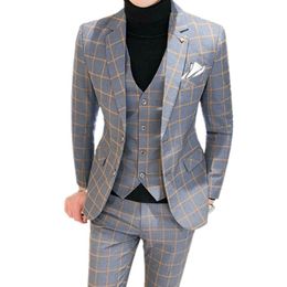 Erkek Takım Elbise Blazers Erkek Takım Elbise Pantolon Yelek 3 Parça Set / Erkek Düğün 2022 Sonbahar İş Resmi Ekose Takım Elbise Lüks Slim Fit Ceket Pantolon