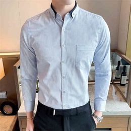 Spring Autumn Mens Shirts Korean Fashion Slim Fit Button Down Smart Casual Long Sleeve Striped Plaid Shirt 4XL 5XL 210412