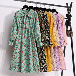 2021 Vintage Spring Summer Dress Women High Elastic Waist A line Long Sleeve Flower Print Slim Casual Midi Floral Shirt Dress 210320