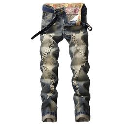 men jeans denim straight hole retro old personality beggar design brand high quality large size trend trousers 220328