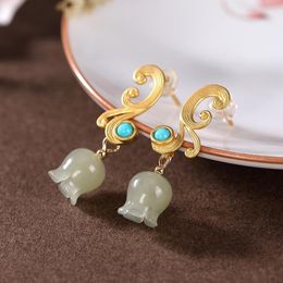 Dangle & Chandelier Designer Original Ancient Gold Craftsmanship Hetian Jade Bell Orchid Earrings Chinese Elements Classic Ladies Silver Jew