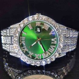 Missfox Platinum Green Dial Watch Men's Diamond Luxury Fashion Man Assista Roman Numeral Hiphop Quartz Relgio Masculino