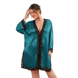 Women's Sleepwear Plus Size 4XL 5XL Robe For Women Pajama Sexy Deep V Robes Women's Nightwear Lace BBW Loose Night Dress Satin Bathrobes