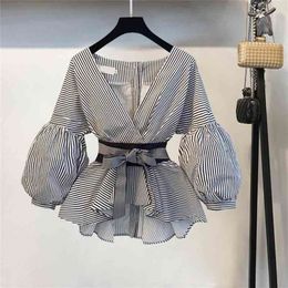 Summer Fashion Blouse Shirt Women Lantern Sleeve V-Neck White/Striped Shirt/Suit Elegant Ladies Tops Female Clothing 210326