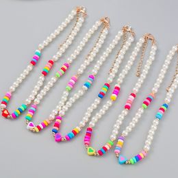 Summer Rainbow Soft Pottery Pearl Beaded Necklace For Women Colorful Heart Collar Polymer Clay Choker Boho Fashion Jewelry