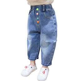 Girls Ripped Jeans Coloful ButtonToddler Jeans Hole Jeans Girls Autumn Winter Toddler Girl Clothes 210412