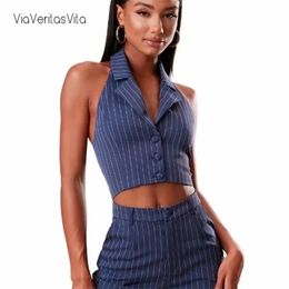 Womans Tops Notched Collar Stripped Office Lady Crop with Bottons Stretchy Summer Halter Black Navy Cute 220316