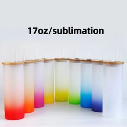 wholesale 17oz Sublimation Glass tumbler blank Frosted Glasses Water Bottle gradient colors printing tumblers with bamboo lid & straw DIY coffee mugs