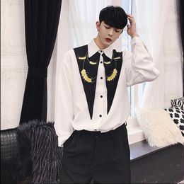 Men's Casual Shirts Models Personality Black And White Splice Colour Embroidery Men's Loose Long-sleeved Shirt Nightclub Hair Stylist You