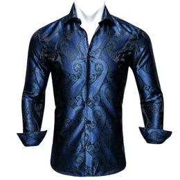 Men's Dress Shirts Barry.Wang 4XL Luxury Teal Blue Paisley Silk Men Long Sleeve Casual Flower For Fit Shirt BY-0049Men's