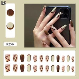 False Nails 24Pcs French Rhombus Plaid Fake Full Cover Nail Tips With Designs Press On Coffin For Manicure Freeship Prud22