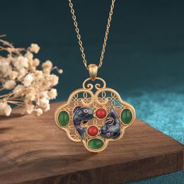 Pendant Necklaces China Style Accessories Necklace Enamel Colour Carp Gold Safe Lock Inlaid Natural Jade Vintage For Women Jewellery GiftPendan