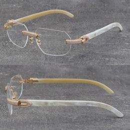 2022 Metal Rimless White Genuine Natural Horn Frames 3524012 Eyewear Micro-paved Diamond Set Glasses Men Women With C Decoration Rocks Wire 18K Gold Frame Eyeglasses