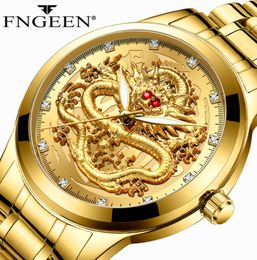 FNGEEN Top Brand Luxury Gold Men Quartz Watch 3D Waterproof Dragon Face Full Solid Watches Wristwatch Dropshipping Relojes