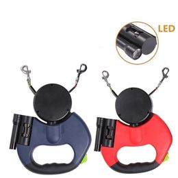 Dual Dog Retractable Leash Double Head Adjustable Puppy Traction Rope with LED Light Pet Garbage Bag LJ201109