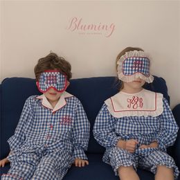 Autumn Winter Korea Brand 3 Pcs Kids Pajamas Sets For Baby Boys Blue Plaid Sleepwear Child Girls Cute Homewear Clothes LJ201216