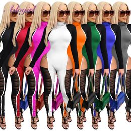 Women's Jumpsuits & Rompers Fitness Sexy Colour Patchwork Sheer Mesh Night Party Club Skinny Jumpsuit Women Long Sleeve Turtleneck Outfit Pla
