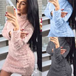 Women Autumn Winter Sexy Turtleneck Cashmere Soft Warm Dress Long Sleeve Solid Sweater Fleece Warm Basic Short Mini Dress 210322