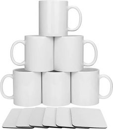 White Sublimation Blank Coffee Mugs+6PCS Sublimation Cup Coaster 11oz Tea Chocolate Ceramic Cups- DIY Porcelain Classic Mug sxa14