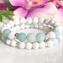 MG1519 Strand Amazonite & Howlite Gemstone Bracelet Set Anxiety Relief Diffuser Bracelet Healing Crystals Lava Beaded Bracelets