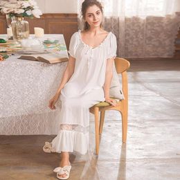 Women's Sleepwear Short Sleeved Cotton White Vintage Court Style Night Dress Long Skirt Lace Female Loose Home Wear Elegant Gown S NW07