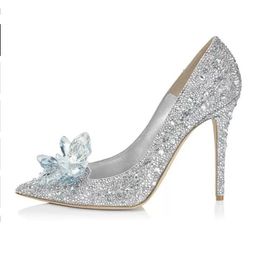 Cinderella Crystal Women's High Heels Shoes Stiletto Rhinestone Bride High-heeled Wedding Bridesmaid Shoe Flat Shoes Luxuries Designer Party Pumps 34-42