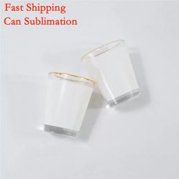 1.5oz Sublimation Blank Shot Glasses Tumblers White Patch Golden Rim Wine Glasses Thermal Transfer Frosted Cup