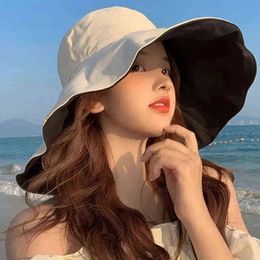 New Kpop Bucket Hat Women Double Side Color Cotton Reversible Cap Sun UV Protection Beach Hat Large Brim Fisherman Hats Adjust G220418