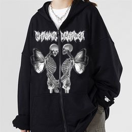 Spot Winged Skull Print Zip Sweater Gothic Fleece Mens Womens Autumn and Winter Oversize Sports Hoodie 220811