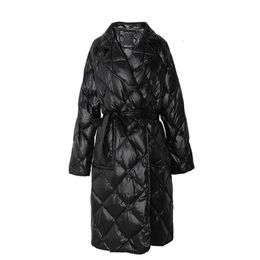 PERHAPS U Women Black Beige Cold Midi Long Notch Collar Sash Pocket Elegant Quilted Coat Puffer C0248 201214
