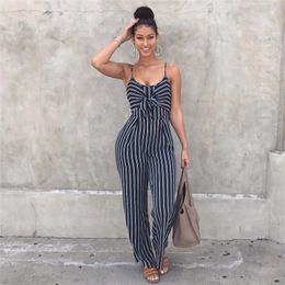 Women's Jumpsuits & Rompers Summer Blue Bodycon Backless Stripe Women Sexy Party Clubwear Casual Bowtie Overalls Hole Jumpsuit Plus SizeWome