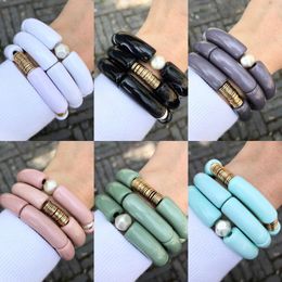 Charm Bracelets Fashion Jewellery Acrylic Enamel Tube Bangle Stackable Big Size With Pearl And Gold Disc 3PCS A Set BCSET330ACharm Lars22