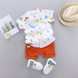 Cute Baby Boy Clothes Summer Set Cartoon Dinosaur Print Short Sleeve Shirt + Pants for 1 2 3 4 Years Kid Toddler Outfit 220516gx