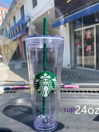 2022 Starbucks 24oz/710ml Canecas plásticas Tumbler reutilizável bebida clara para baixo Pilar de pilar de fundo liso Copo de palha de palha Mug o novo produto quente para venda direta de fábrica como