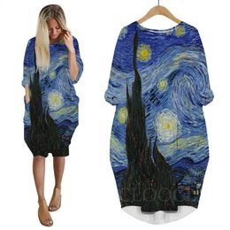 Van Gogh The Starry Night Dress 3D Printed Long Sleeve Skirts Fashion Female Streetwear Harajuku Women Pocket Dress W220616