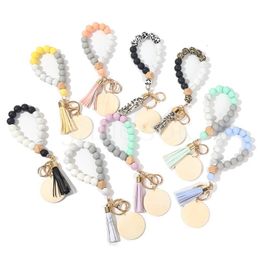 Wooden Chip Keychain Party Silicone Beaded Bangle Keyring Wood Beads Bracelet Key Ring Women Jewellery Crafts Gift de693