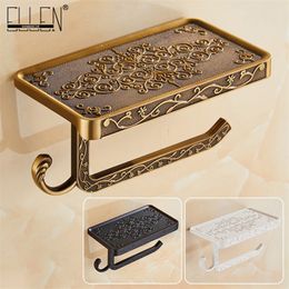 Shelves Antique Bronze Carving Toilet Roll Rack with Phone Shelf Wall Mounted Bathroom Paper Holder E654 220611