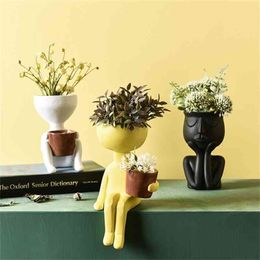 Character Portrait Flower Pot Resin Succulents Plant Pot Abstract Human Face Flower Pot Home Desktop Vase Micro Landscape Decor 210409