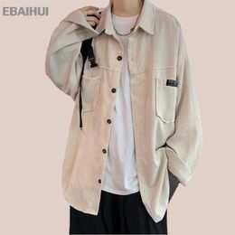 EBAIHUI Man Shirts Solid Corduroy Harajuku Fashion Coat Hip Hop Leisure Baggy Outerwear Turn-down Collar Spring Autumn Blouse