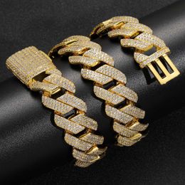 20mm Width Bling Chains Gold Plated 3Rows CZ Stone Miami Cuban Chain Necklace Bracelet Jewellery for Men Punk Jewellery Heavy Chains