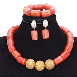 Earrings & Necklace Gold Ball Dubai Set 100 % Nature Original 13-14 MM Coral Beads Wedding Jewelry Choker Jewellery For Bridal