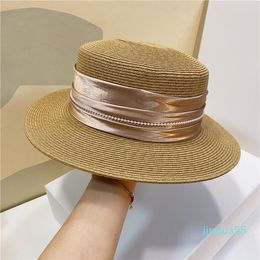 Grass Braid Women Beach Caps Wide Brim Silk Ribbon Hats Pearls Designers Lady Sun Cap Elegant UV Hat