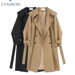 Harajuku 100% Cotton Khaki Long Women Trench Coat Autumn Winter Turn Down Collar Women Clothes Causal Full Sleeve Belt Trench 220804