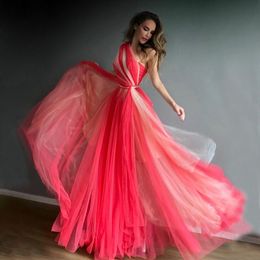 Two Colours Pleated Prom Dresses One Shoulder Neck Evening Gowns A Line Sweep Train Tulle Formal Dress