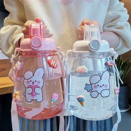 1300 ML Large Capacity Outdoor Sports Water Bottle With Straw Strap Creative Cute Sticker Portable Plastic Kids Sippy Cup 220307