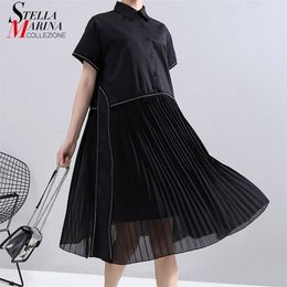 New Fashion Woman Summer Korean Style Black Pleated Shirt Dress Chiffon Patchwork Lapel Ladies Cute Casual Midi Dress Robe 6168 210401