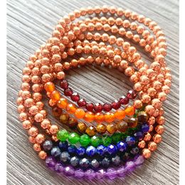 MG1436 Strand Faceted Seven Chakra Gemstone Stack Bracelet Set 4mm Crystals Heart Chakras Balance Bracelet Trendy Hematite Energy Jewelry